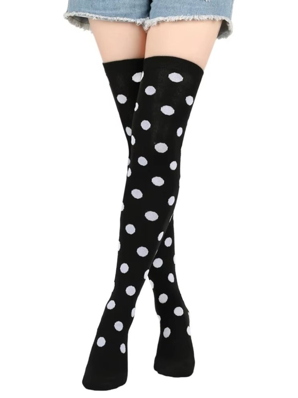 Women's Polka Dot Pattern Black with White Dots Over Knee Thigh High Socks